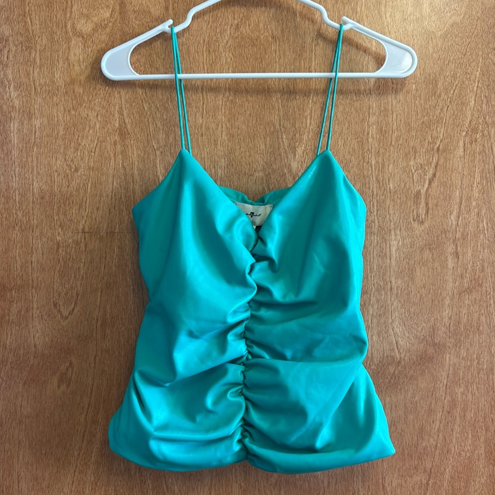 7 For All Mankind Ruched Blue Green Faux-Leather Cami Top Medium NWT MSRP 178